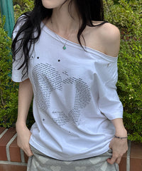 RONRON TYPE CAT OFF SHOULDER T SHIRTS WHITE