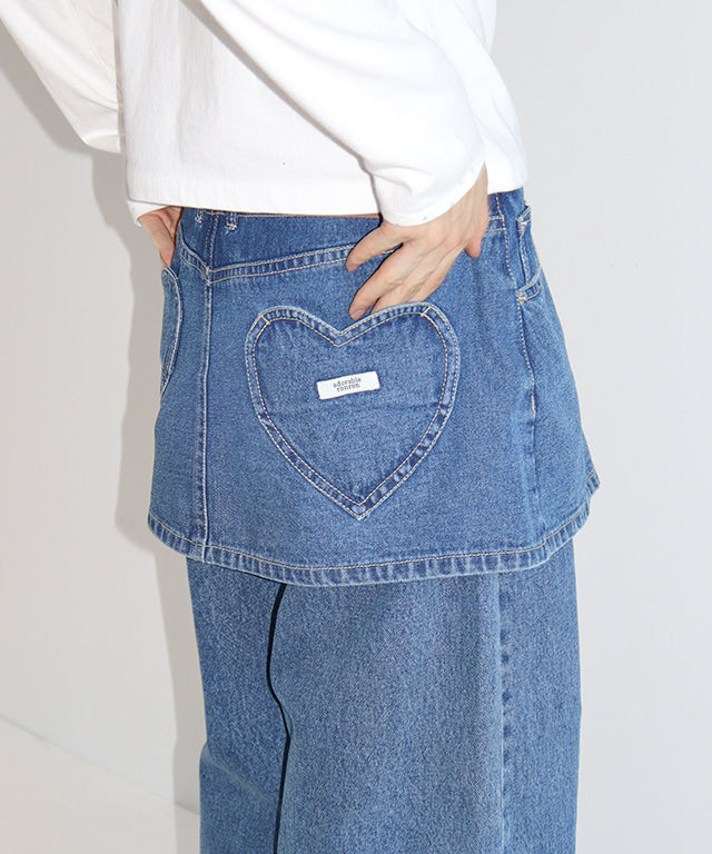 RONRON HEART POCKET DENIM SKIRT LAYERED PANTS MEDIUM BLUE
