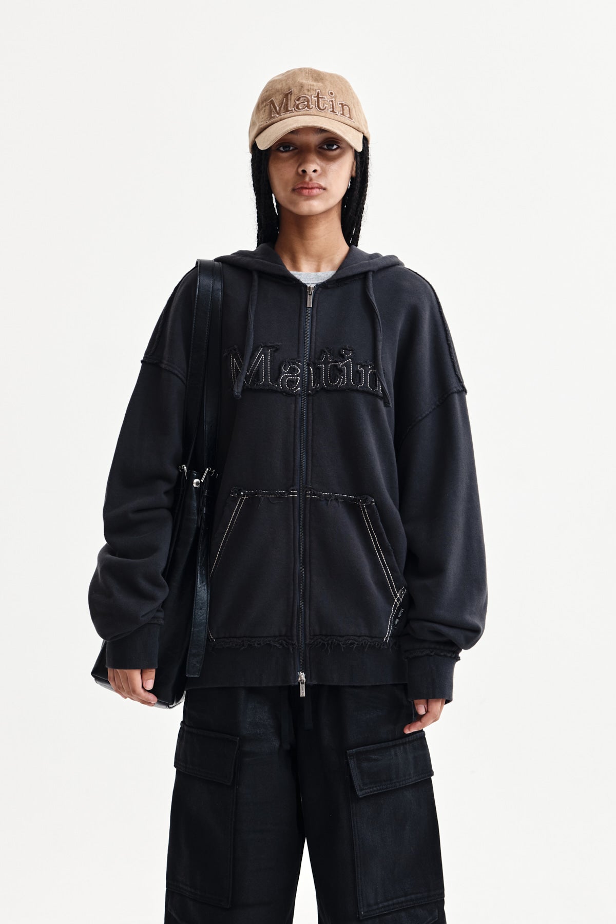 MATIN KIM RAW CUT APPLIQUE HOODY ZIP UP IN CHARCOAL – SeoulSeoul