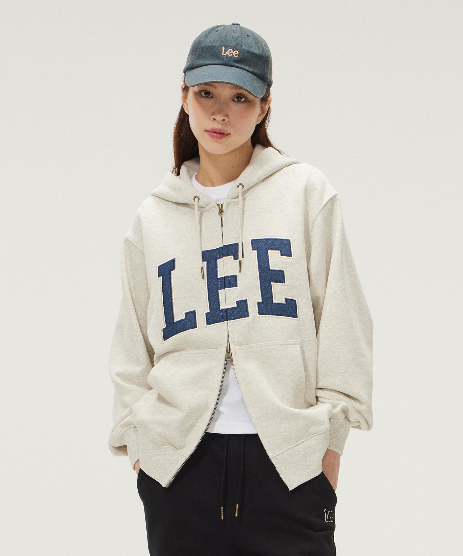 【LEE】DENIM APPLIQUE LOGO HOODED ZIP-UP LEE Denim Applique Logo Zip-up Hoodie Oatmeal – SeoulSeoul
