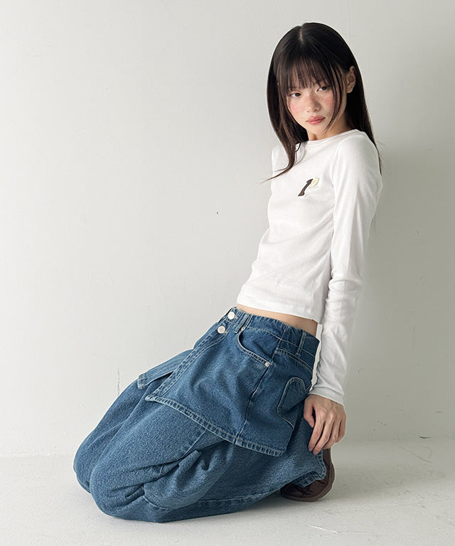 RONRON☆BACK HEART POCKET DENIM SKIRT RONRON HEART POCKET DENIM SKIRT LAYERED PANTS MEDIUM BLUE