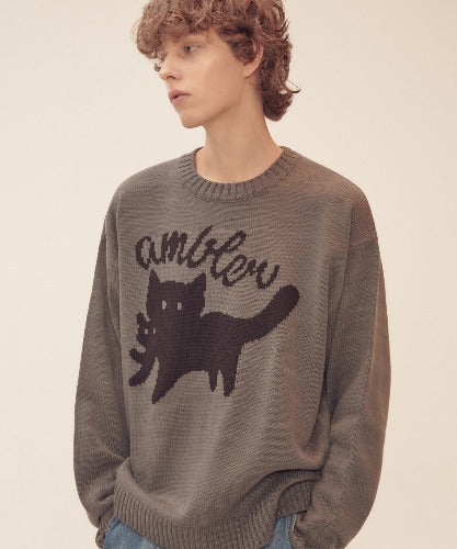 Tシャツ・カットソー +AMBLER+ Cat biting Cat pullover neck crew sweater knit gray AMBLER Cat Biting Cat Crew Neck Sweater – SeoulSeoul
