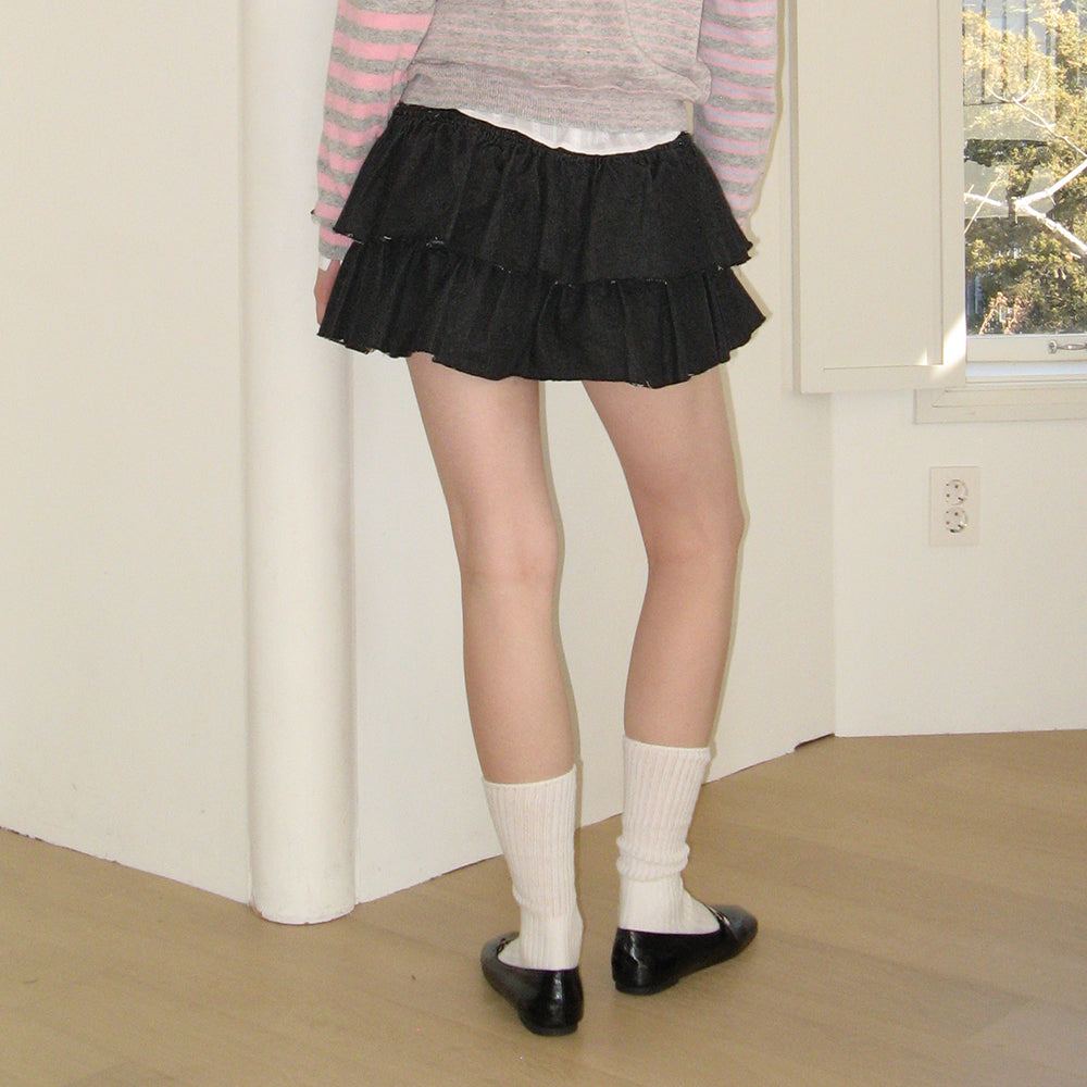 RONRON CANCAN RUFFLE BANDING DENIM PANTSKIRT BLACK – SeoulSeoul