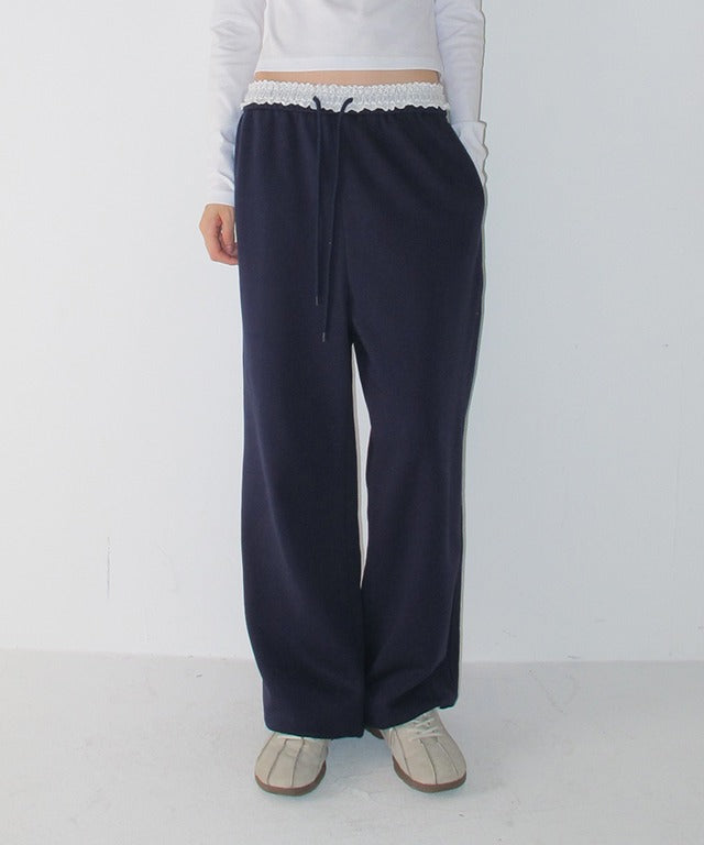 RONRON LACE WAIST WIDE SWEAT JOGGER PANTS NAVY – SeoulSeoul RONRON LACE WAIST WIDE SWEAT JOGGER PANTS NAVY – SeoulSeoul