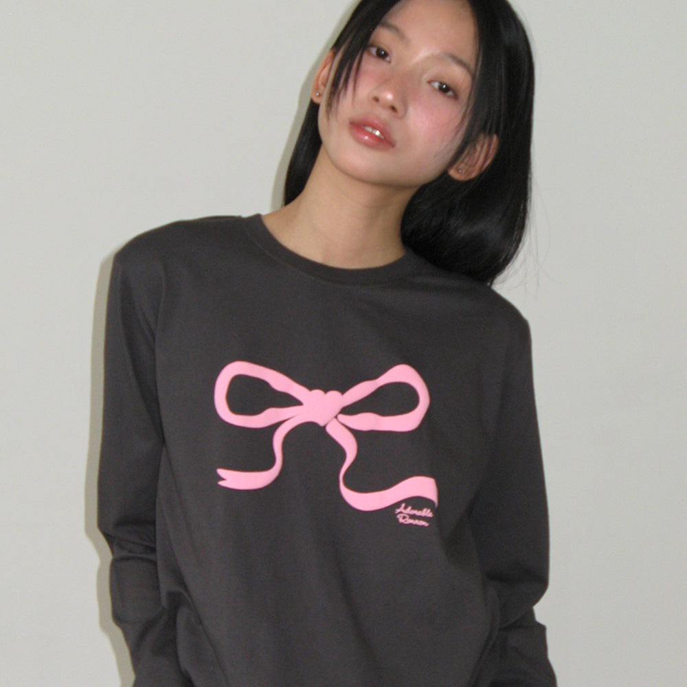 ◆RONRON◆ EMBO HEART RIBBON BASIC FIT T SHIRT CHARCOAL PINK RONRON EMBO HEART RIBBON BASIC FIT LONG SLEEVE CHARCOAL