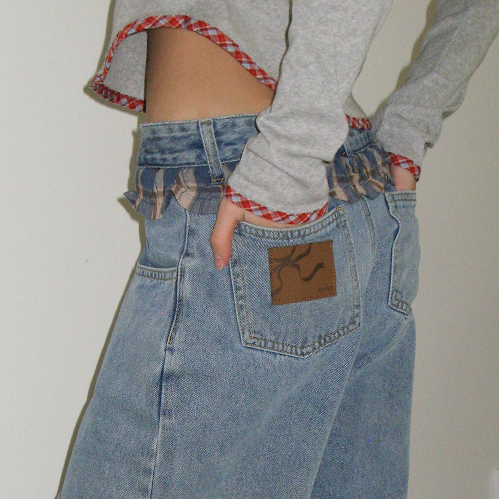 RONRON CHECK FRILL LAYERED DENIM PANTS LIGHT BLUE – SeoulSeoul