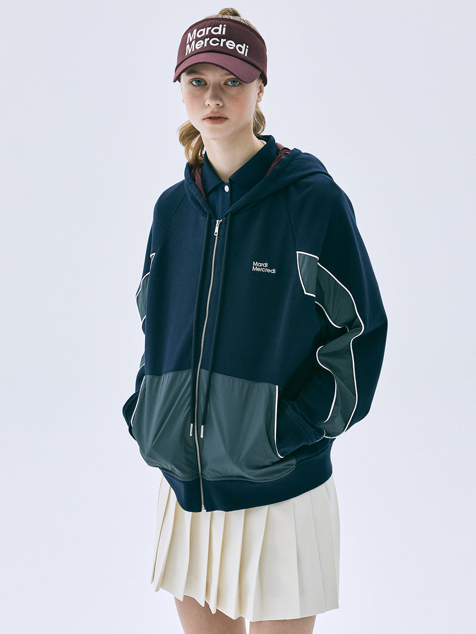 【新品】Mardi Mercredi Actif Hoodie Sweat MARDI ACTIF COLORBLOCK LOGO NEEDLEWORK HOODIE JUMPER_NAVY