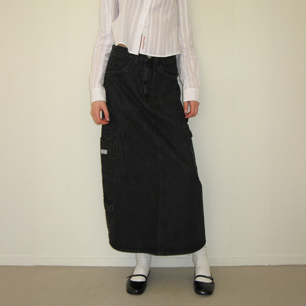 スカート RONRON CARGO HEART STITCH POCKET DENIM LONG SKIRT 5BJH403 RONRON CARGO HEART STITCH POCKET DENIM LONG SKIRT LIGHT BLUE