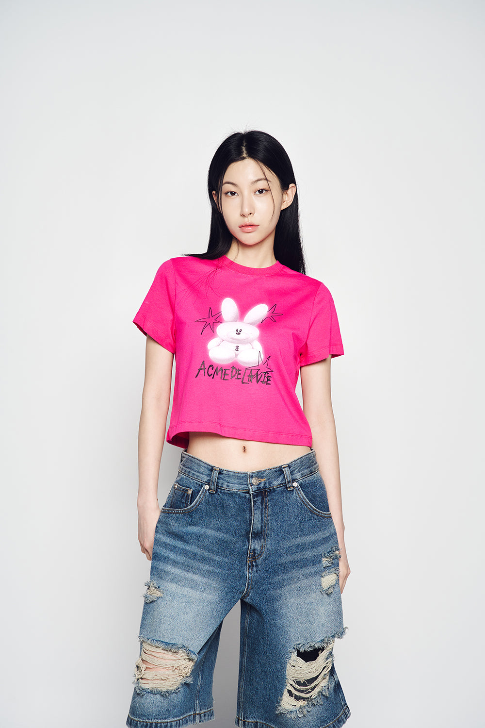 【ADLV】 WOMAN ROUND SPRAY RABBIT CROP SHORT SLEEVE T-SHIRT acmé de la vie ADLV WOMAN ROUND SPRAY RABBIT CROP SHORT
