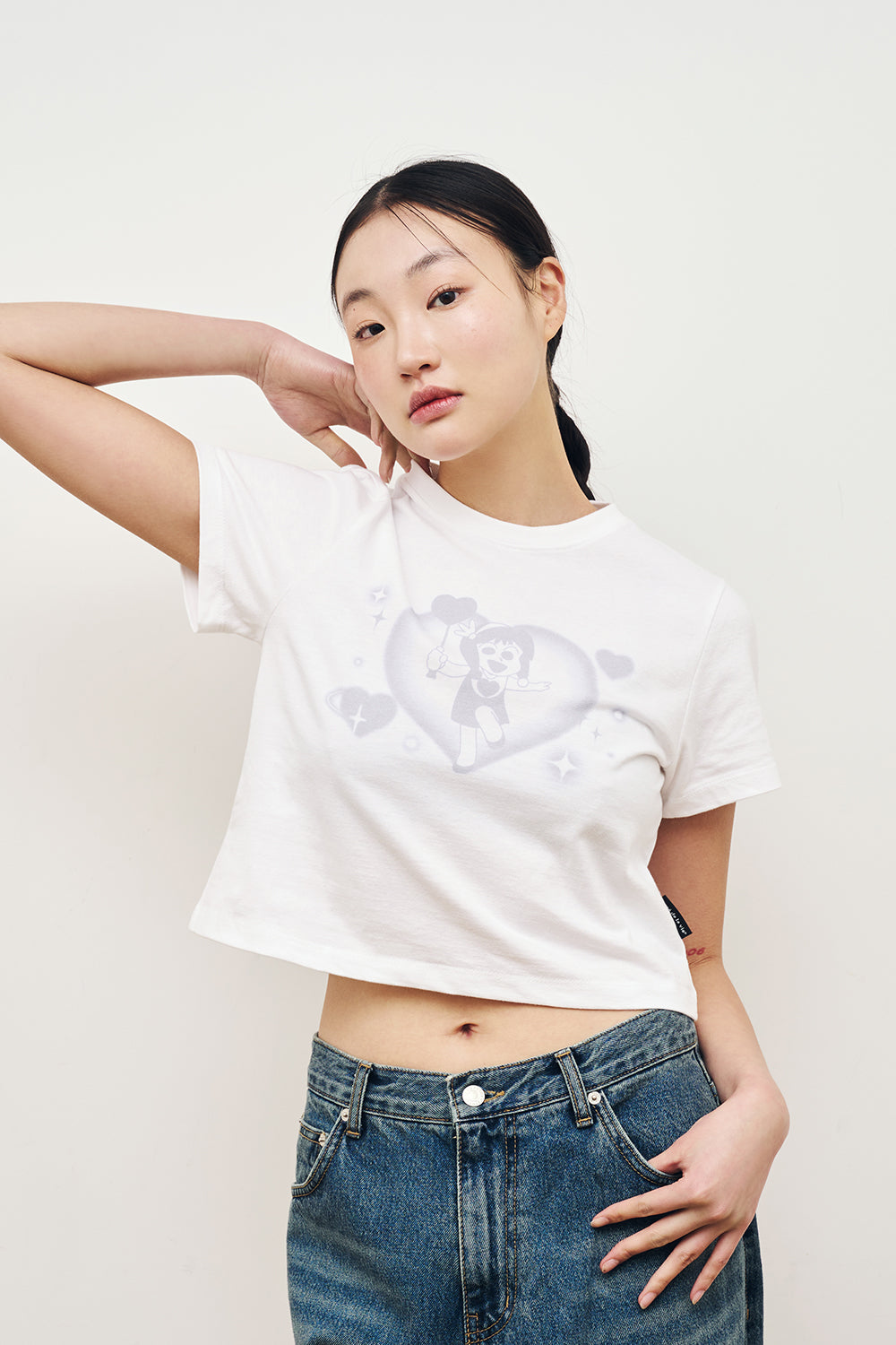 [ADLV] HEART MOE-P CROP SHORT SLEEVE T-SHIRT /追跡付 ADLV Heart Moe-P Crop T-Shirt – White Short Sleeve Tee