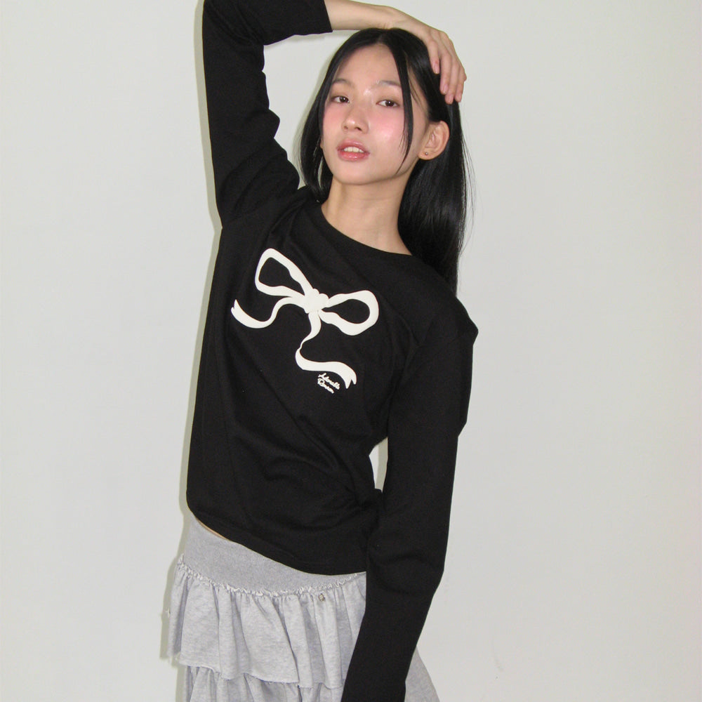 【RONRON】 EMBO HEART RIBBON BASIC FIT T SHIRT RONRON EMBO HEART RIBBON BASIC FIT LONG SLEEVE BLACK