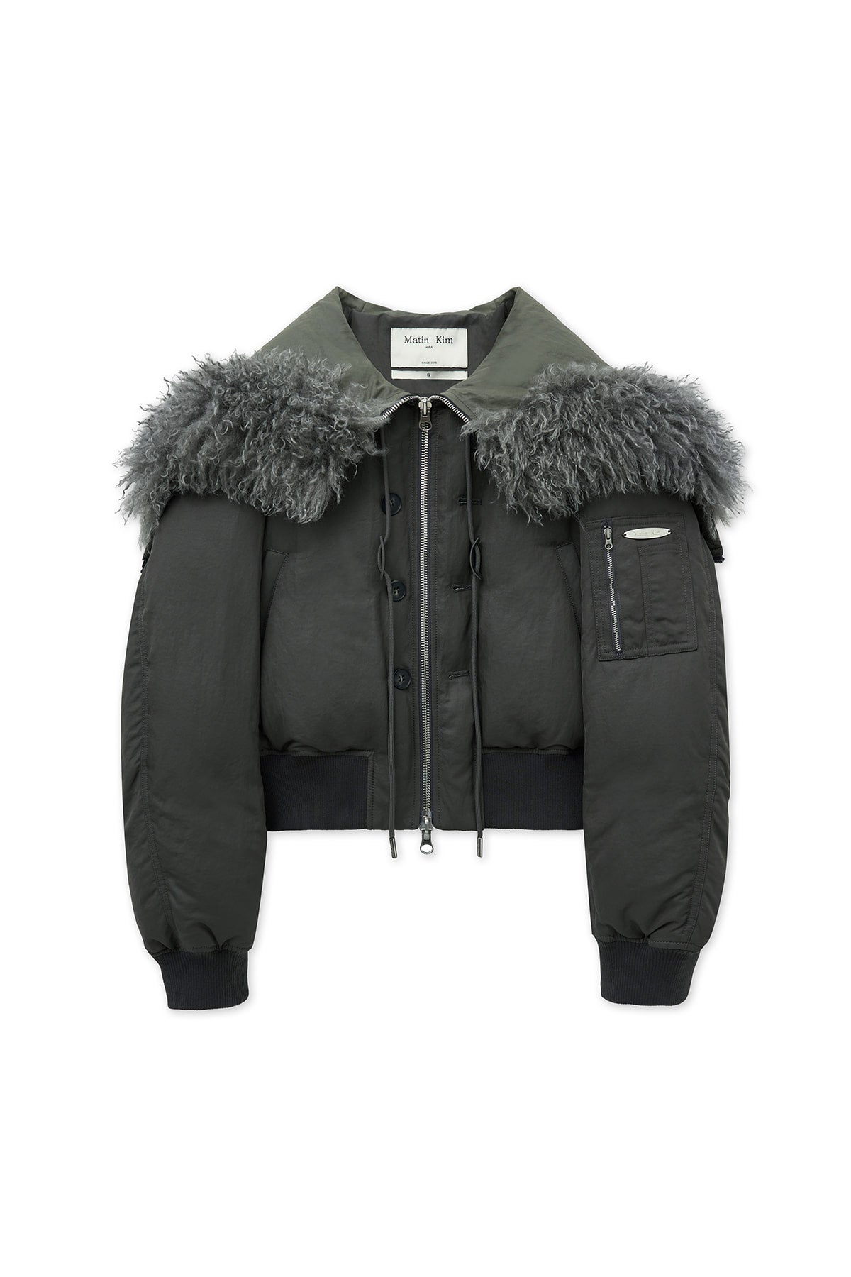 MATIN KIM FUR HOODY BOMBER DOWN JUMPER IN DARK GREY – SeoulSeoul