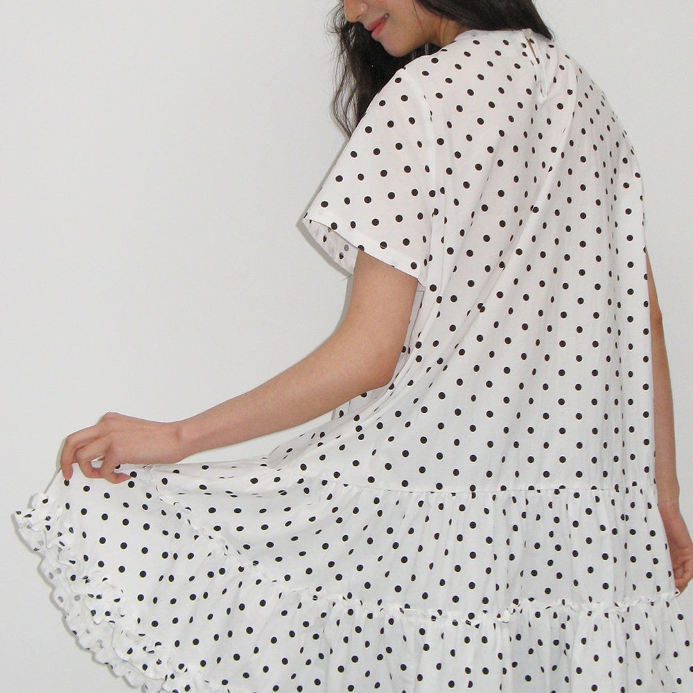 ★ronron★ FRILL SHORT SLEEVE ONEPIECE DRESS BLACK WHITE DOT RONRON FRILL SHORT SLEEVE ONEPIECE DRESS WHITE BLACK DOT