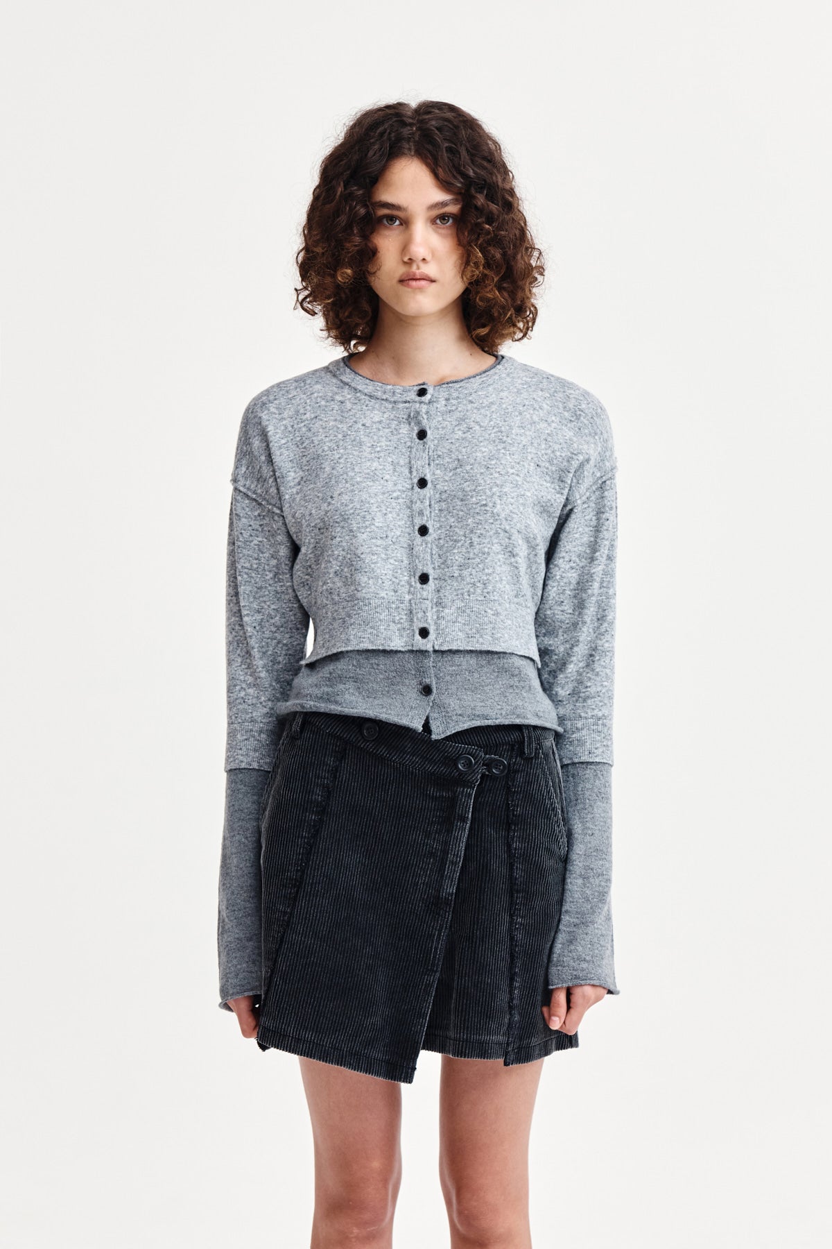MATIN KIM LAYERED TEXTURE KNIT CARDIGAN IN GREY – SeoulSeoul
