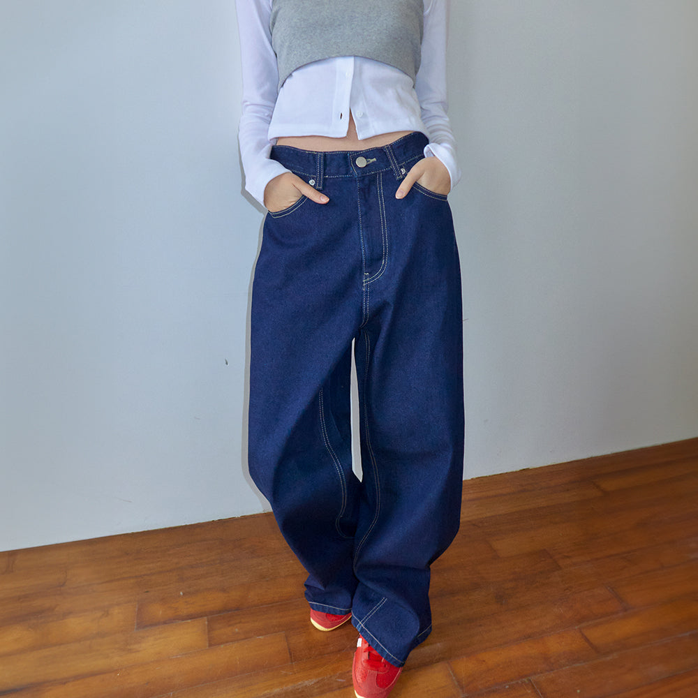 RONRON BACK HEART STITCH POCKET DENIM PANTS INDIGO BLUE