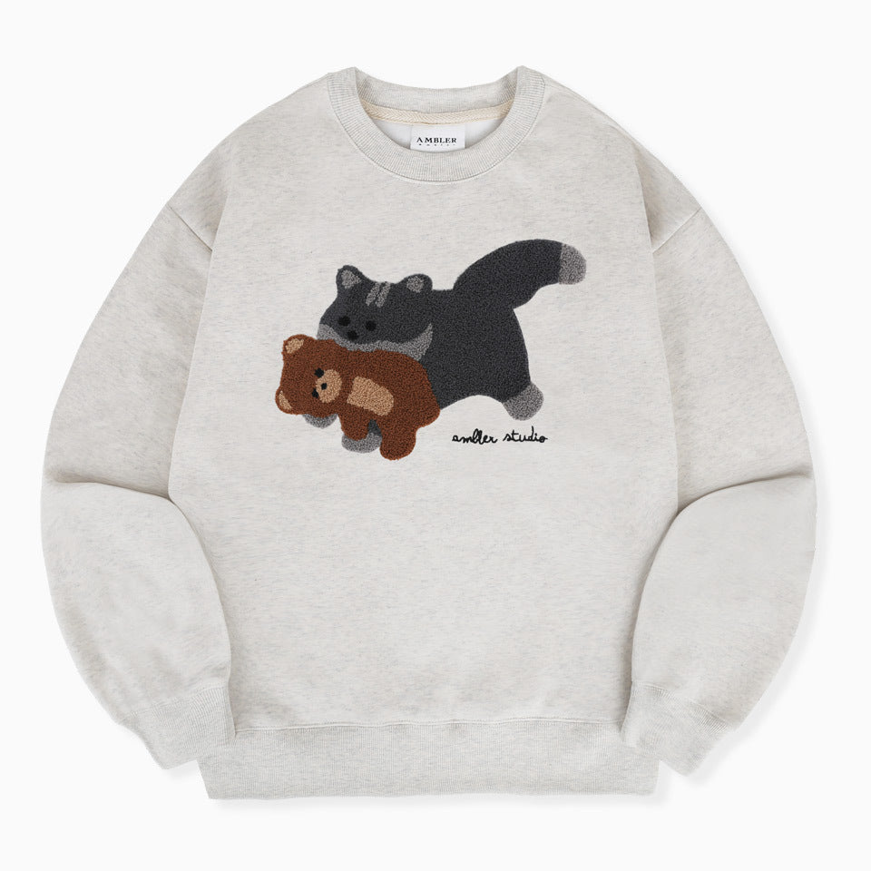 【AMBLER】 Cat biting Cat Pullover Crew Neck Sweater Knit AMBLER Cat Biting Teddy Bear Overfit Sweatshirt – SeoulSeoul