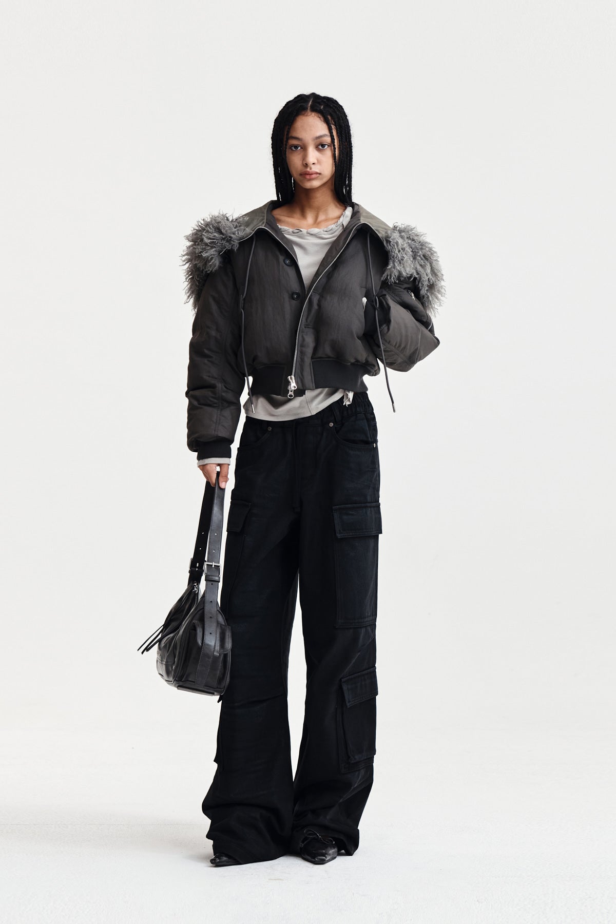 matin kim ファージャケット FUR JUMPER ファージャンパー MATIN KIM FUR HOODY BOMBER DOWN JUMPER IN DARK GREY – SeoulSeoul