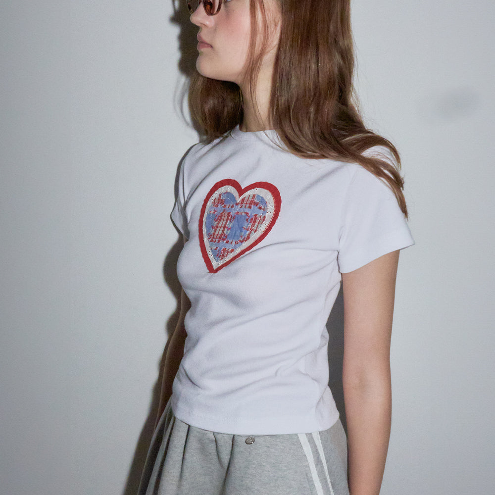 RONRON☆SHAPE APPLIQUE SLIM CROP T SHIRTS RONRON SHAPE APPLIQUE SLIM CROP T SHIRTS HEART WHITE