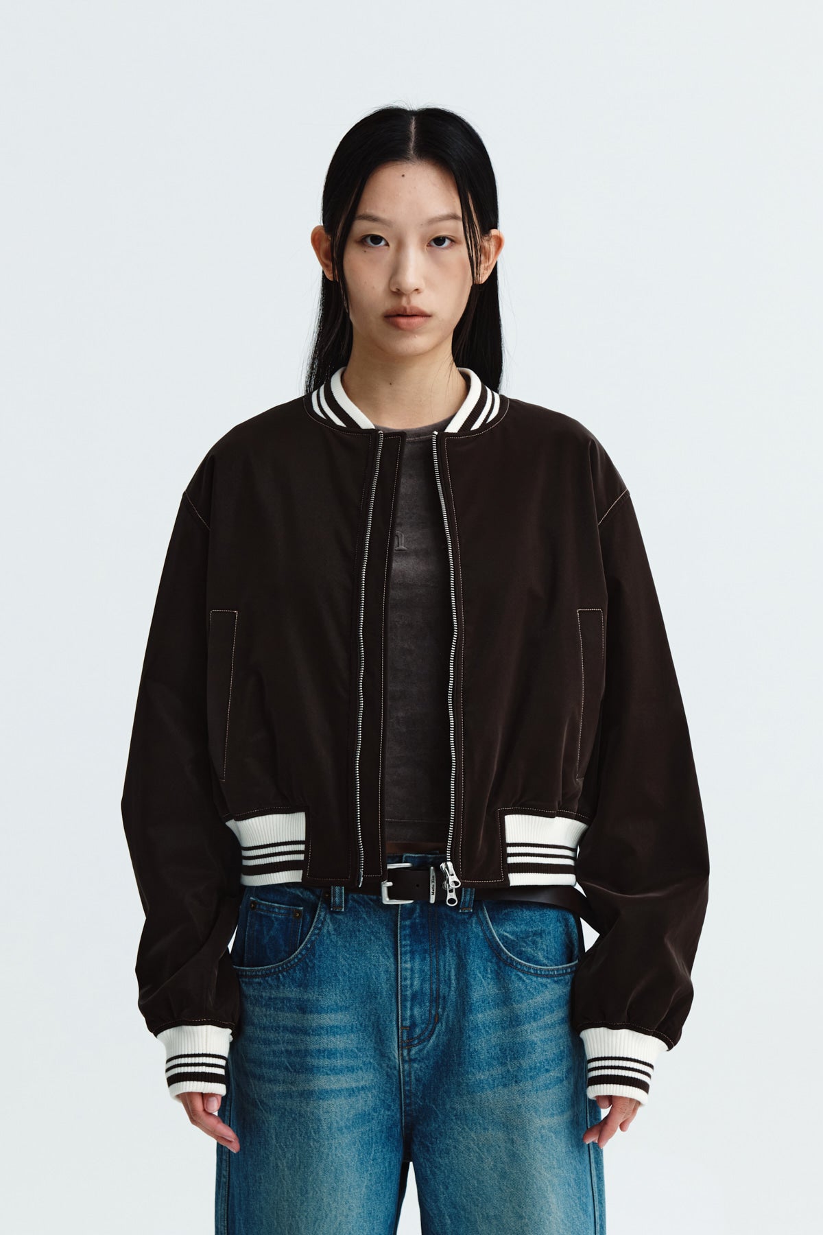 ブルゾン [MATINKIM]coating stadium jumper for women in dark brown COATING STADIUM JUMPER FOR WOMEN IN DARK BROWN – Matin Kim