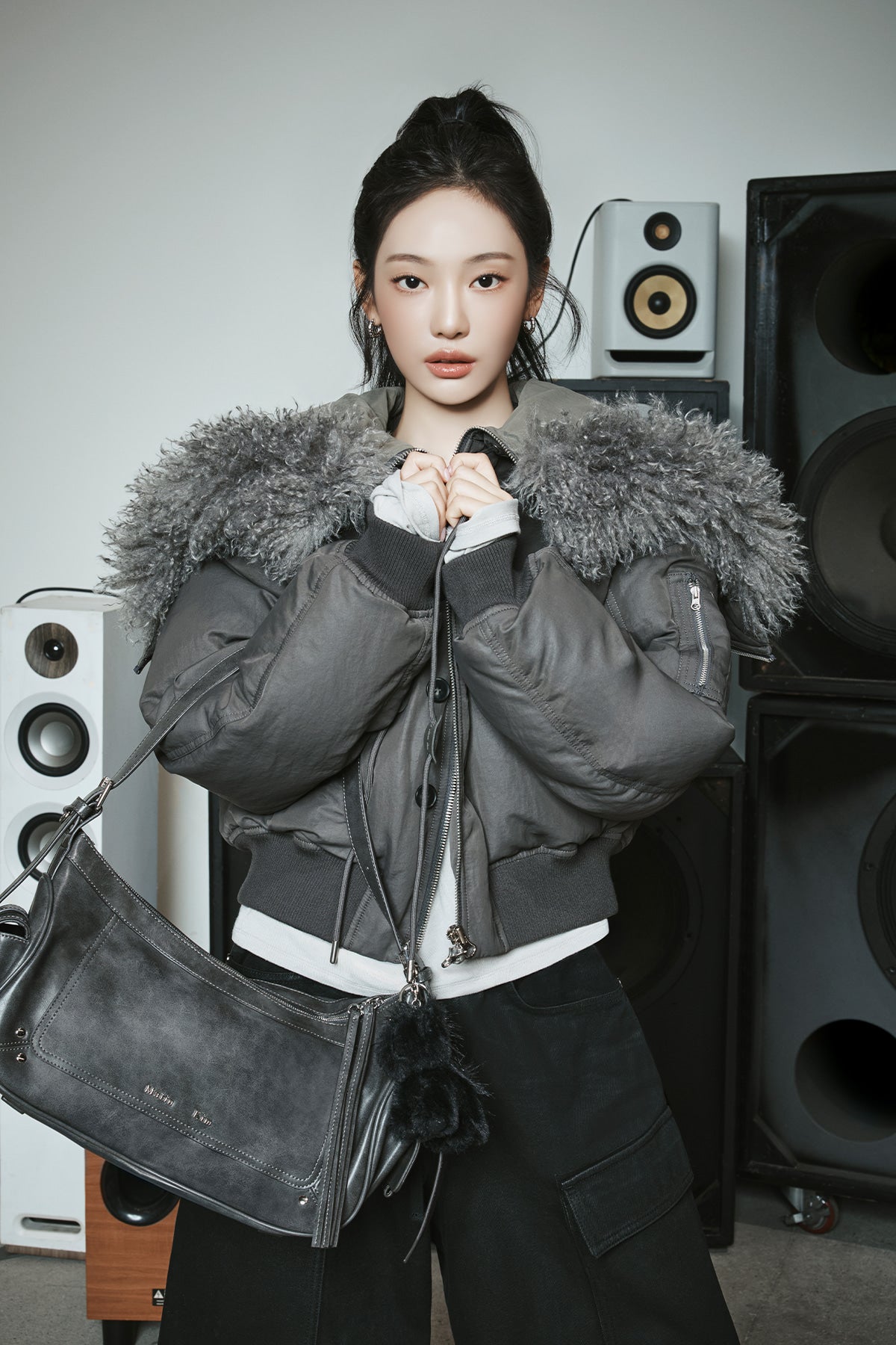 matin kim ファージャケット FUR JUMPER ファージャンパー MATIN KIM FUR HOODY BOMBER DOWN JUMPER IN DARK GREY – SeoulSeoul