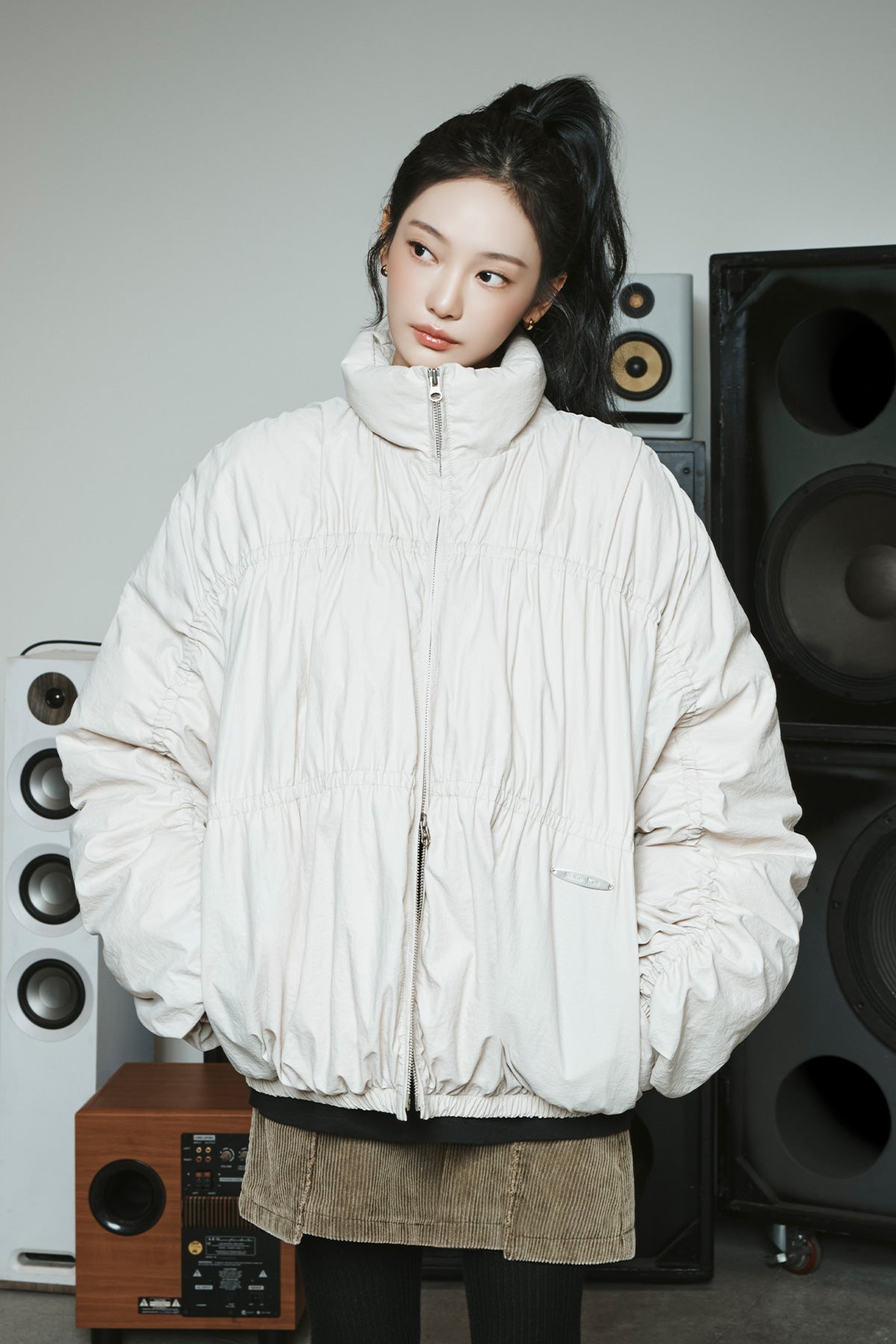 MATIN KIM HIGH NECK SHIRRING DOWN JUMPER IN LIGHT BEIGE – SeoulSeoul
