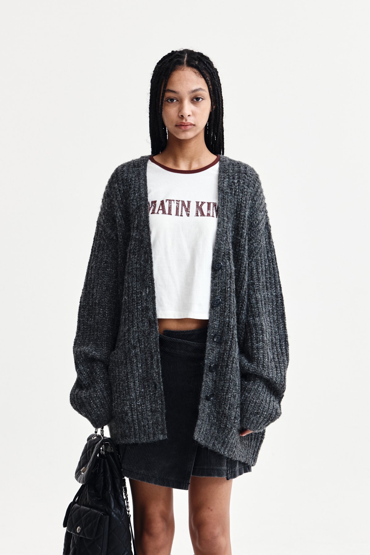 MATIN KIM SIDE BUTTON POINT OVERFIT CARDIGAN IN CHARCOAL – SeoulSeoul
