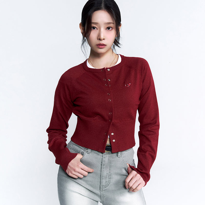 KIRSH SMALL CHERRY SNAP POINT SLIM CARDIGAN DARK RED
