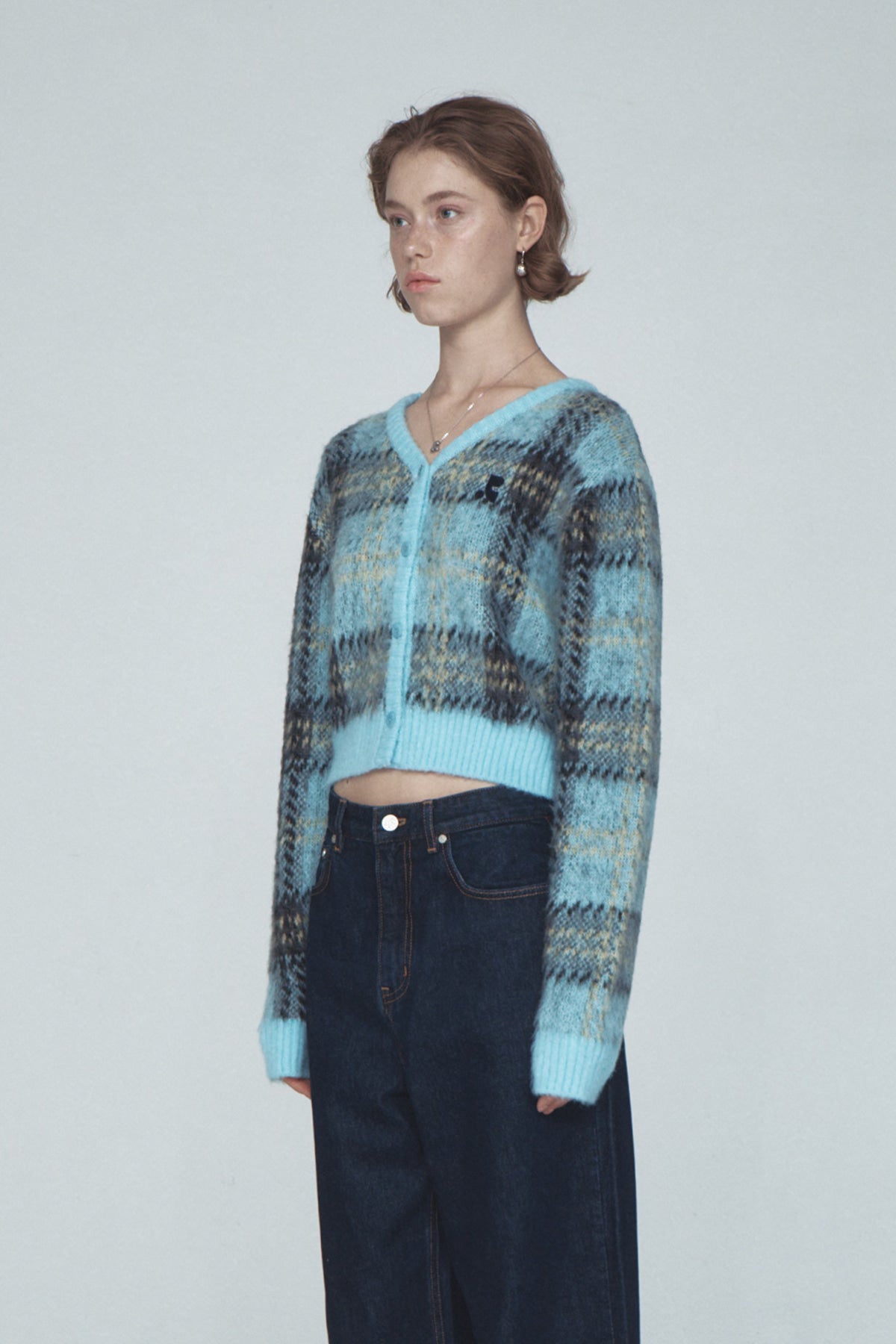 CHECK PATTERN HAIRY KNIT CARDIGAN - SKY BLUE – SeoulSeoul