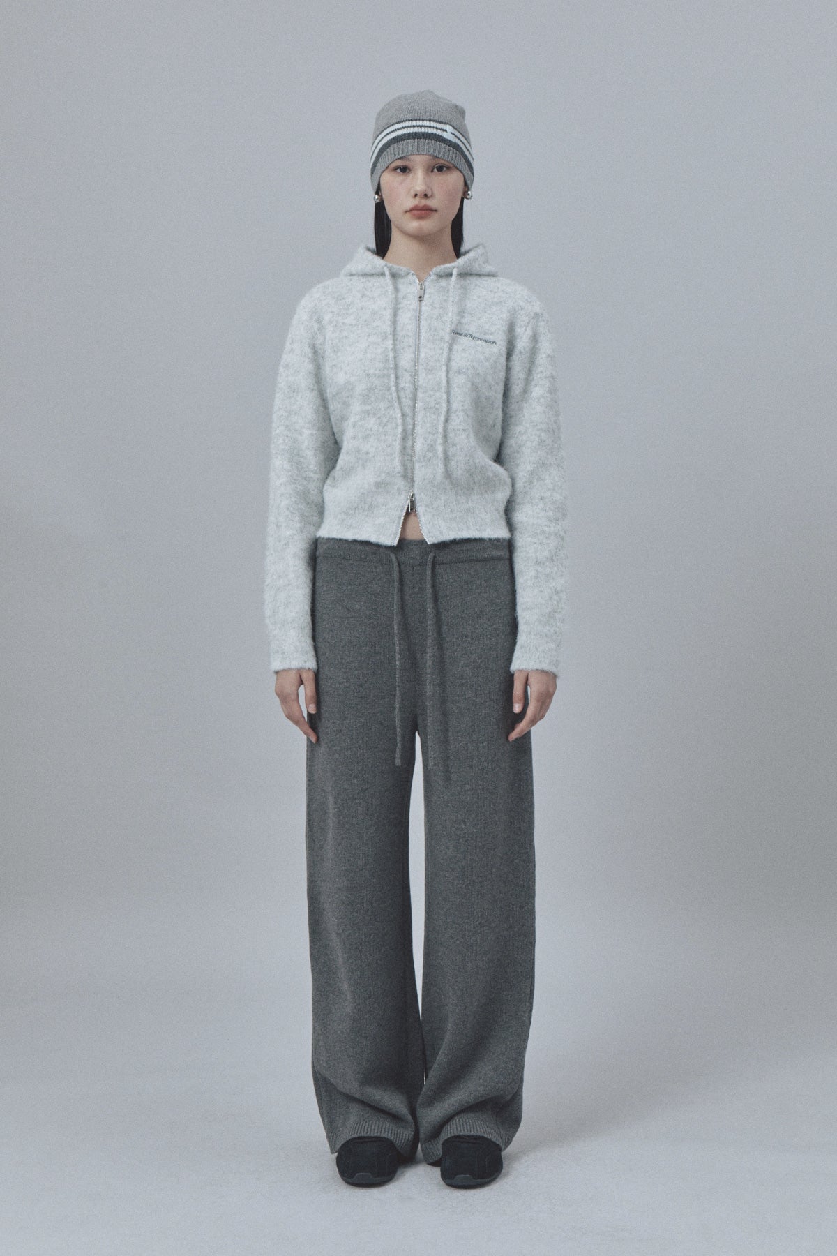HAIRY KNIT HOOD ZIP-UP - LIGHT GREY – SeoulSeoul