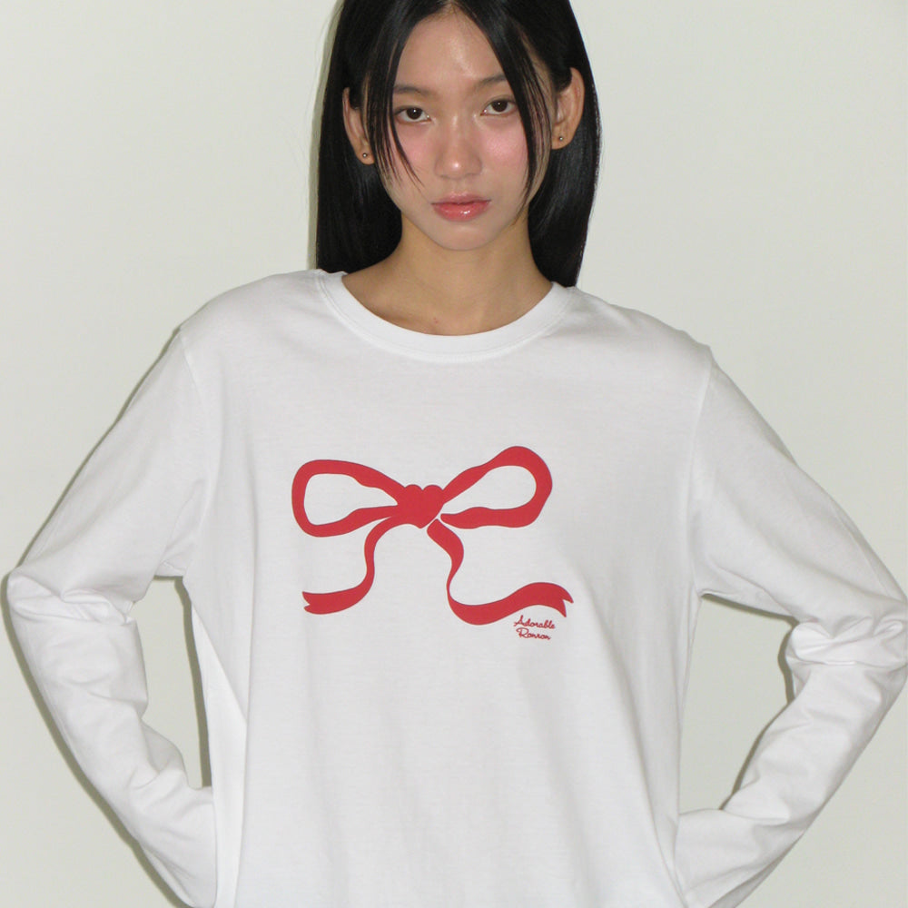 RONRON ♥ EMBO HEART RIBBON BASIC FIT LONG SLEEVE RONRON EMBO HEART RIBBON BASIC FIT LONG SLEEVE WHITE