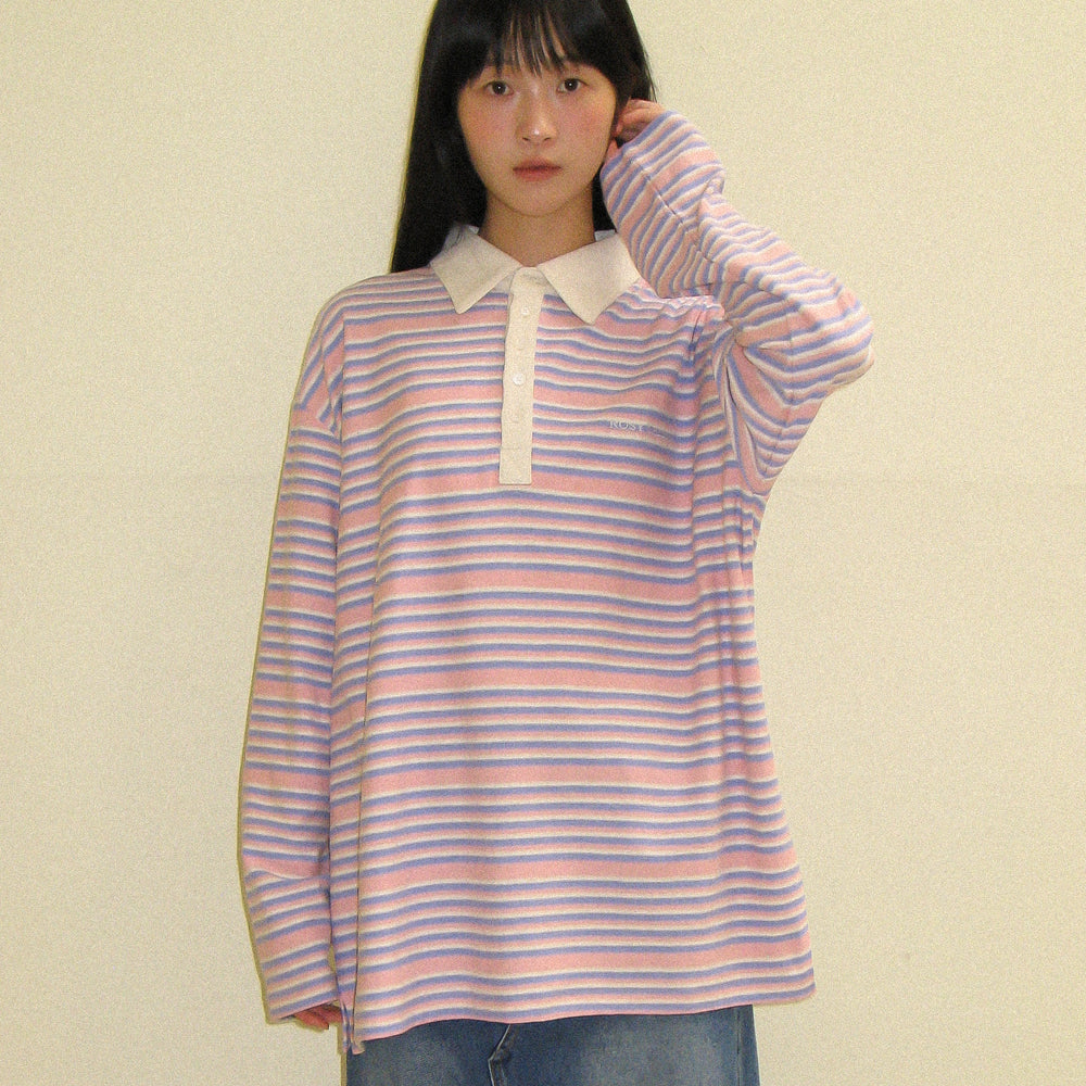 RONRON RUGBY HENRYNECK COLLAR T SHIRT PINK STRIPE – SeoulSeoul