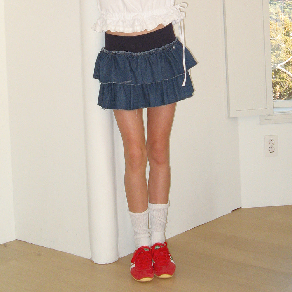 RONRON CANCAN RUFFLE BANDING DENIM PANTSKIRT BLUE – SeoulSeoul