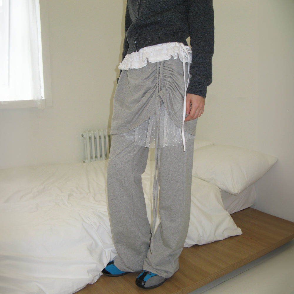【RONRON】SHEER DOT TIERED SKIRT RONRON DOT SHEER LAYERED BOOTSCUT PANTSKIRT GREY – SeoulSeoul