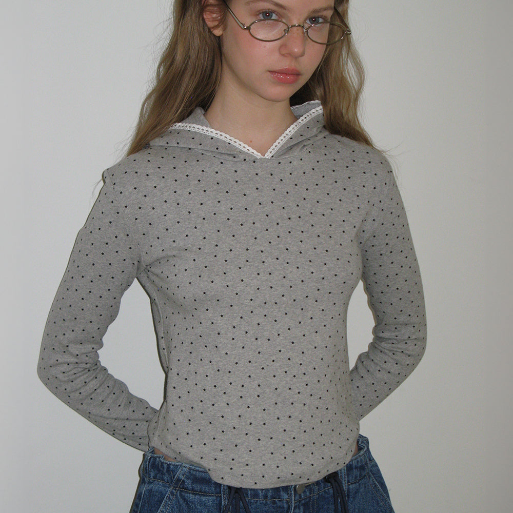 Tシャツ・カットソー RONRON LACE HOODIE SLIM LONG SLEEVE CHARCOAL STAR RONRON LACE HOODIE SLIM LONG SLEEVE GREY STAR – SeoulSeoul