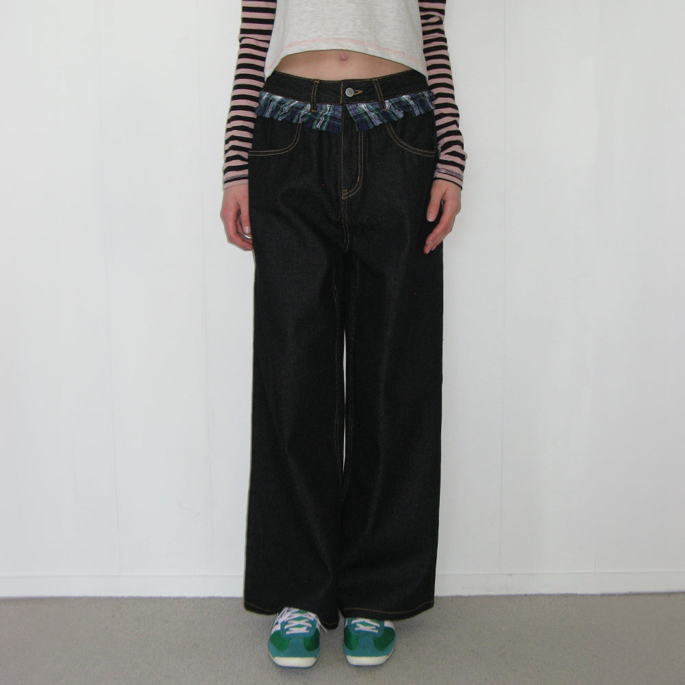 25SS新作【RONRON】CHECK FRILL LAYEREDデニムパンツ★2色 RONRON CHECK FRILL LAYERED DENIM PANTS LIGHT BLUE – SeoulSeoul