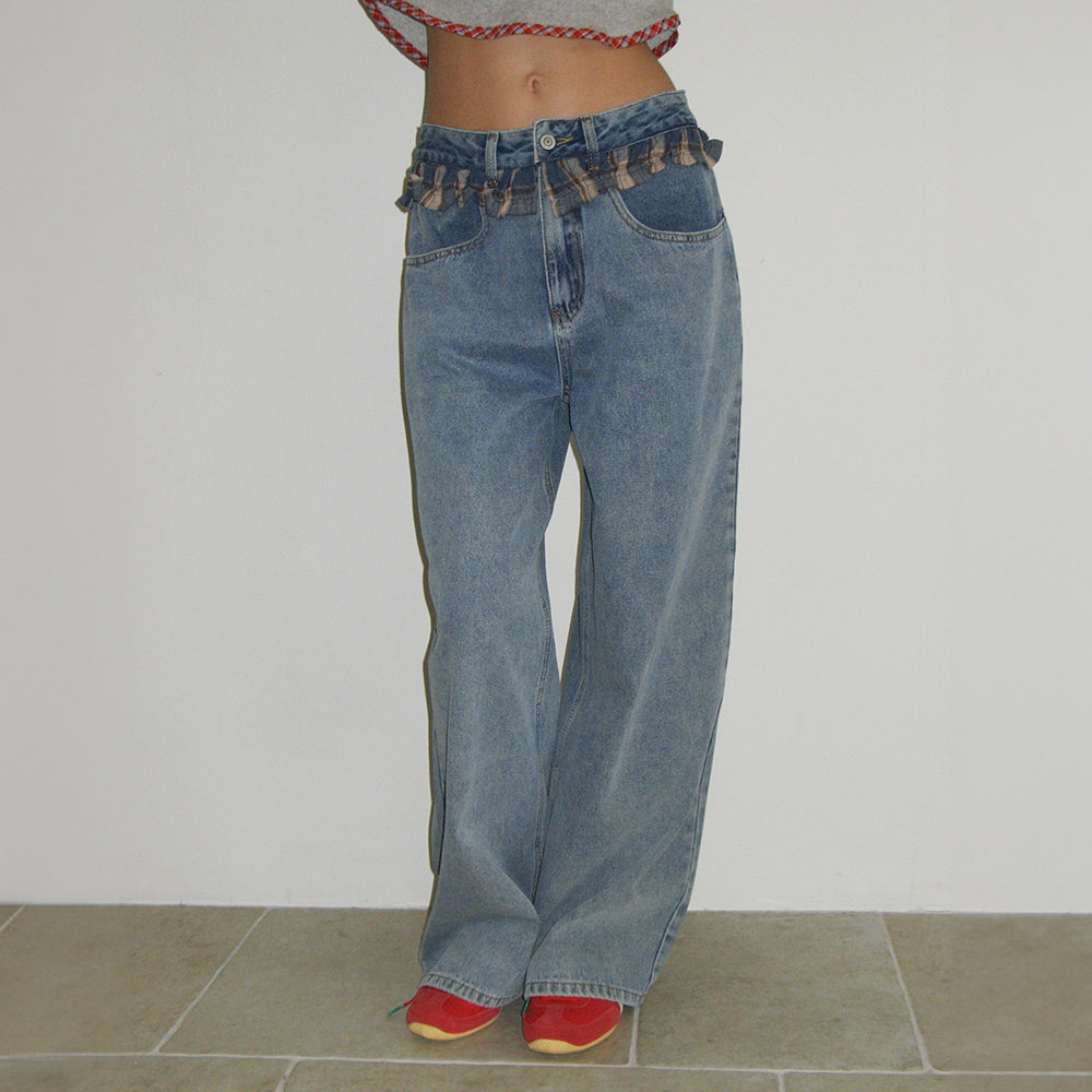 25SS新作【RONRON】CHECK FRILL LAYEREDデニムパンツ★2色 RONRON CHECK FRILL LAYERED DENIM PANTS LIGHT BLUE – SeoulSeoul
