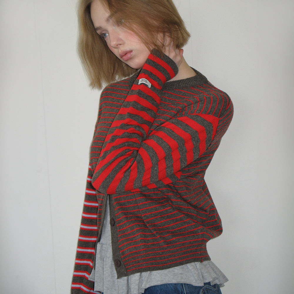 ◆RONRON TRIPLE STRIPE HARMONY KNIT CARDIGAN/5色◆ RONRON TRIPLE STRIPE HARMONY KNIT CARDIGAN RED BROWN