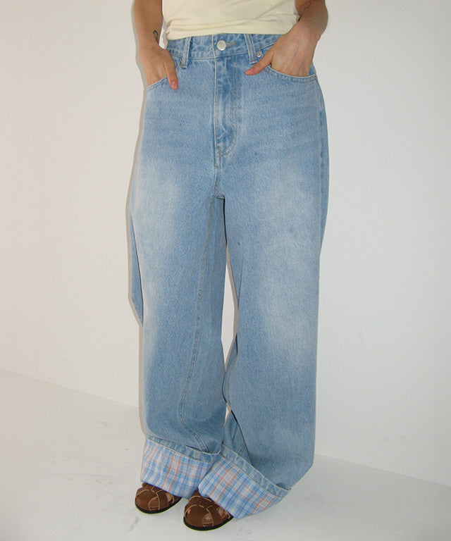 【RONRON】 PATCH ROLL UP DENIM PANTS ドット デニム RONRON PATCH ROLL UP DENIM PANTS LIGHT BLUE CHECK – SeoulSeoul