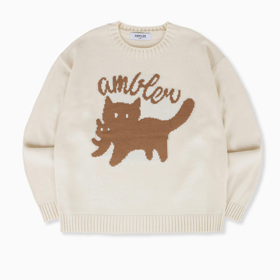 Tシャツ・カットソー +AMBLER+ Cat biting Cat pullover neck crew sweater knit gray AMBLER Cat Biting Cat Crew Neck Sweater – SeoulSeoul