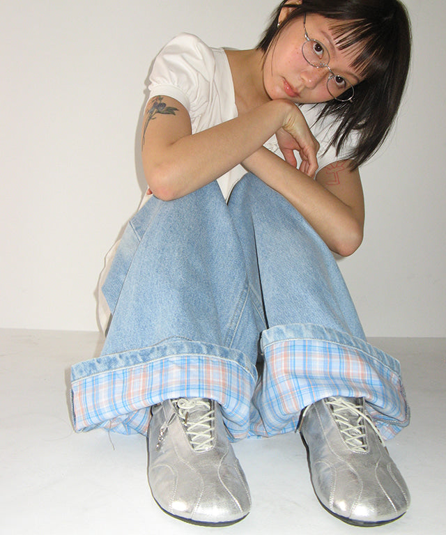 RONRON PATCH ROLL UP DENIM PANTS LIGHT BLUE CHECK – SeoulSeoul