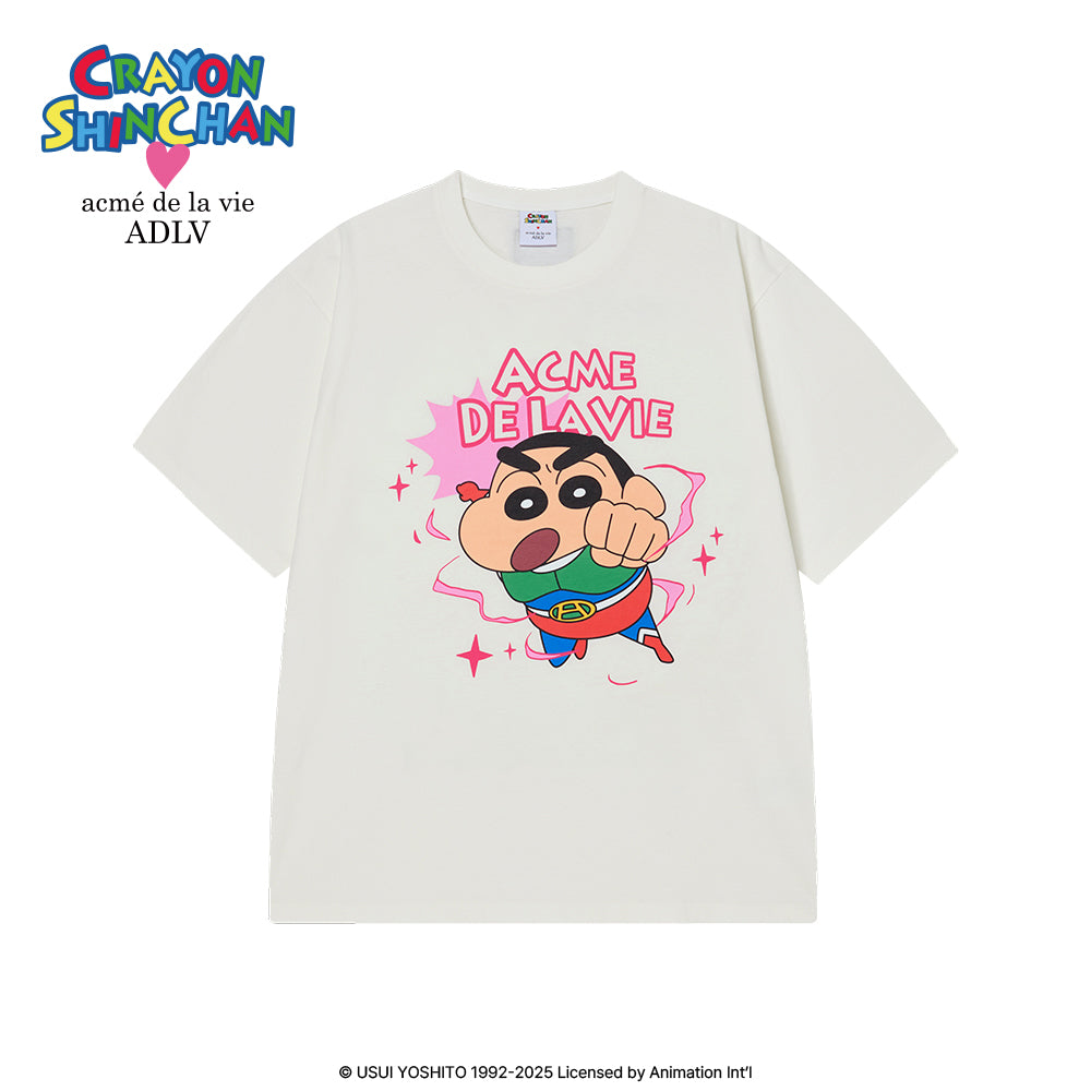 ADLV Action Kamen Shinchan T-Shirt – Cream Short Sleeve Tee with Superhero Print