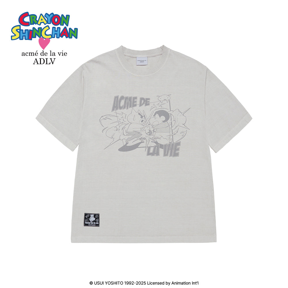 ADLV Shinchan Cartoon Pigment T-Shirt – Light Grey Vintage Short Sleeve Tee