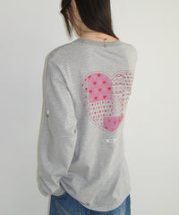 RONRON MULTI PATTERN HEART STRIPE LONG SLEEVE GREY