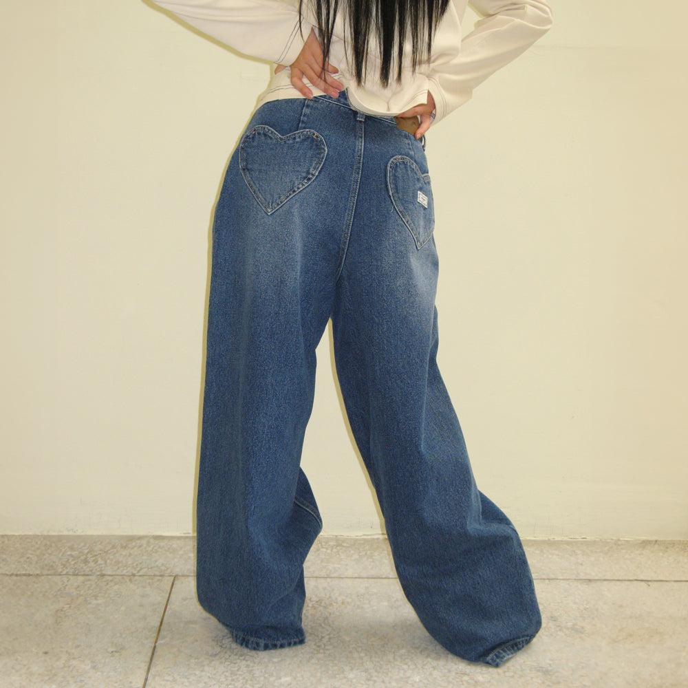 デニム・ジーパン RONRON BACK HEART STITCH POCKET DENIM PANTS MEDIUM BLUE RR24 b88194d3f517f33bbb8feaf02e2702