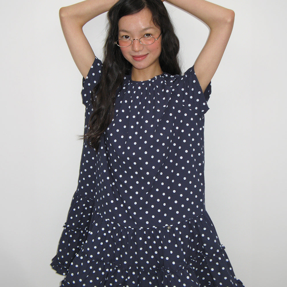 RONRON FRILL SHORT SLEEVE ONEPIECE DRESS NAVY WHITE DOT