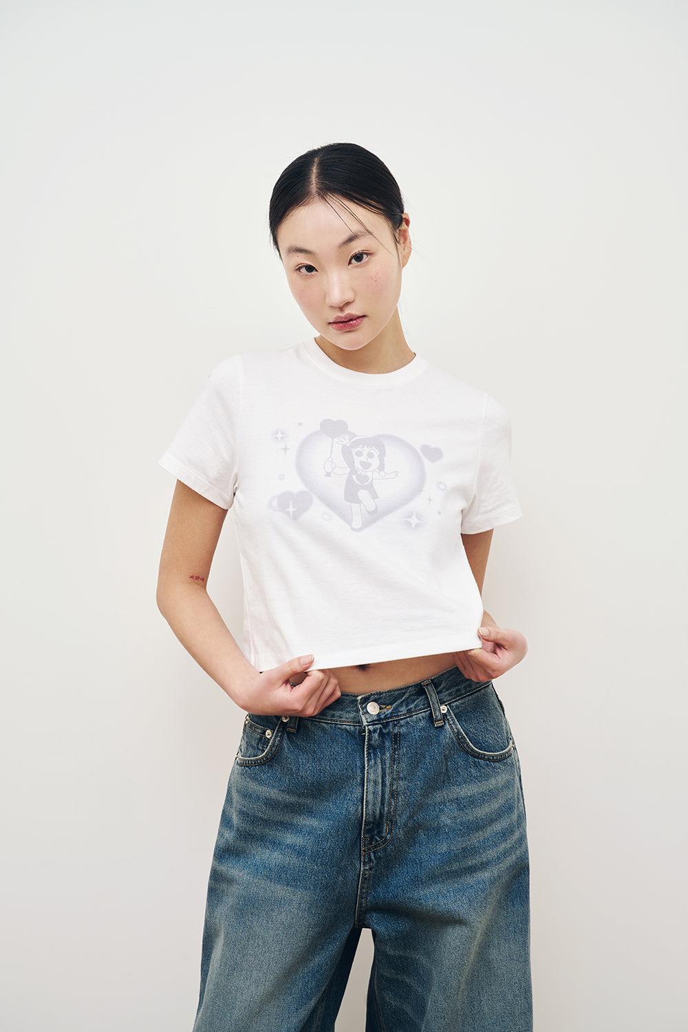 [ADLV] HEART MOE-P CROP SHORT SLEEVE T-SHIRT /追跡付 ADLV Heart Moe-P Crop T-Shirt – White Short Sleeve Tee