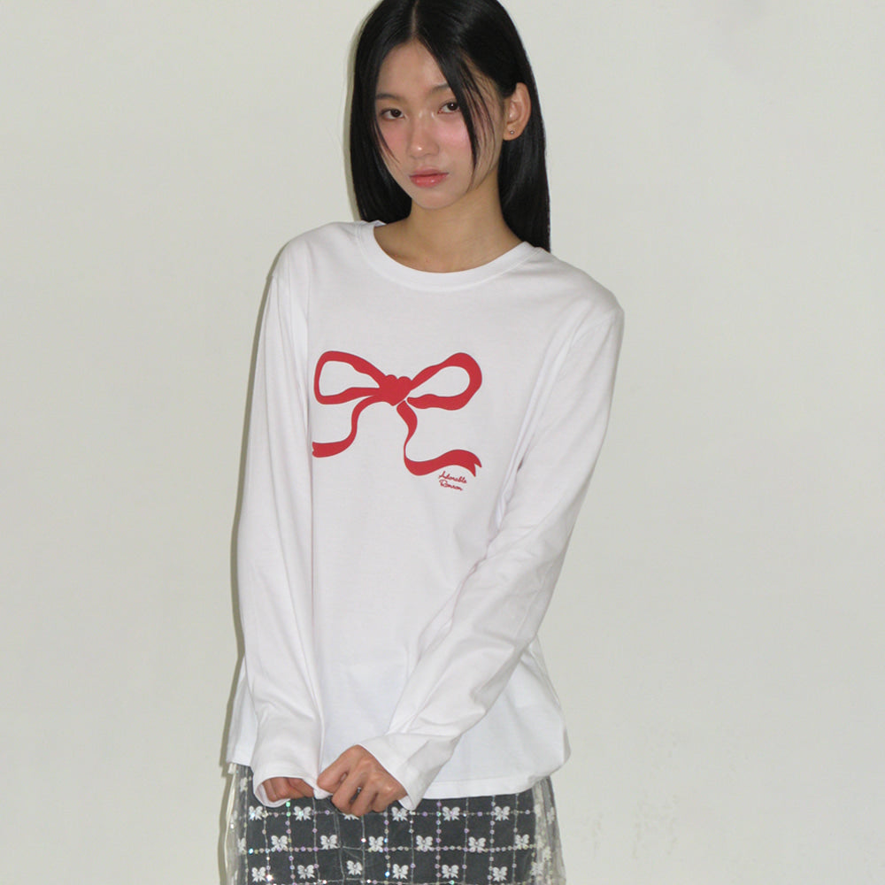 ◆RONRON◆ EMBO HEART RIBBON BASIC FIT T SHIRT WHITE BLUE RONRON EMBO HEART RIBBON BASIC FIT LONG SLEEVE WHITE