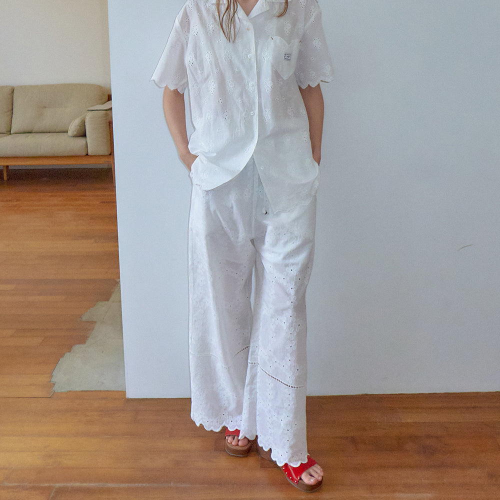 パンツ RONRON COTTON EYELET SCALLOP PENDANT DROP BANDING PANTS WHIT RONRON COTTON EYELET SCALLOP PENDANT DROP BANDING PANTS