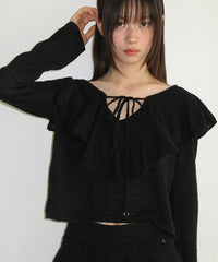 RONRON RUFFLE SKASHI KNIT BLOUSE BLACK