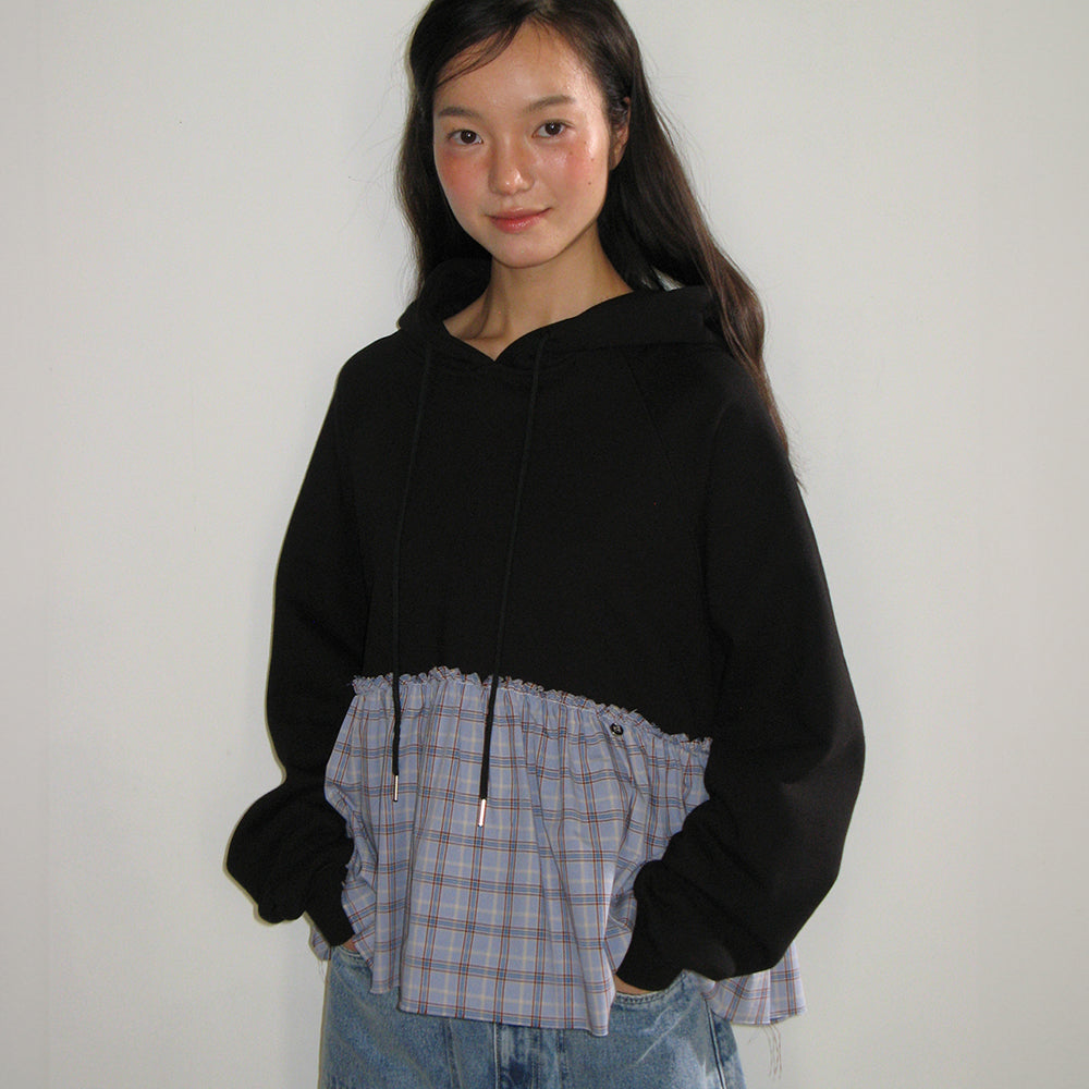 RONRON PENDANT CHECK CANCAN FRILL HOODIE BLACK – SeoulSeoul